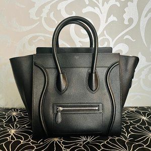 Celine Micro Luggage Handbag in Drummed Calfskin, Black